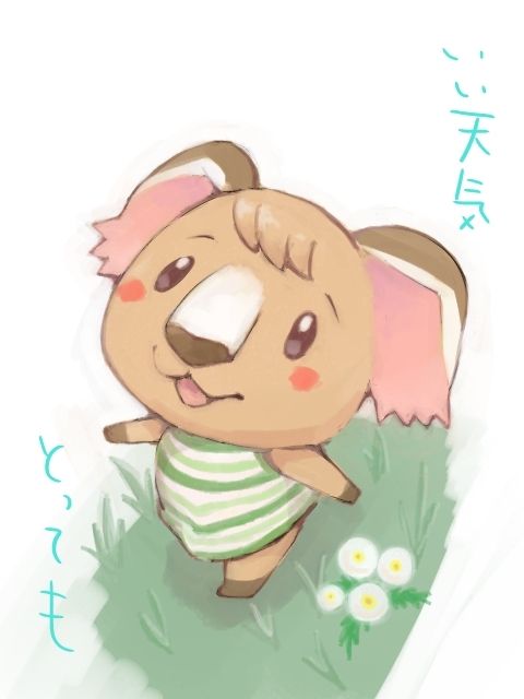 animal_crossing, dandelion_seed, grass, japanese_text, looking_up, melba_(animal_crossing), nintendo, terubou, white_background