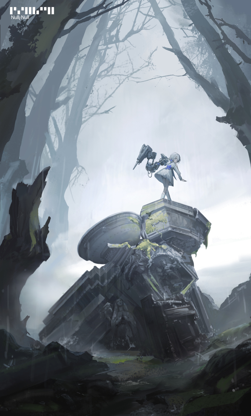 1girl, absurdres, blue_eyes, commentary_request, day, dress, highres, leaning_forward