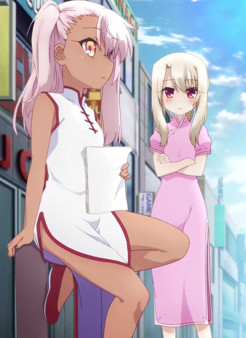 2girls, blush, cheongsam_blouse, chinese_clothes, chloe_von_einzbern, fate/kaleid_liner_prisma_illya, fate_(series), female_focus, highres, illyasviel_von_einzbern, loli, multiple_girls, outdoors, screencap