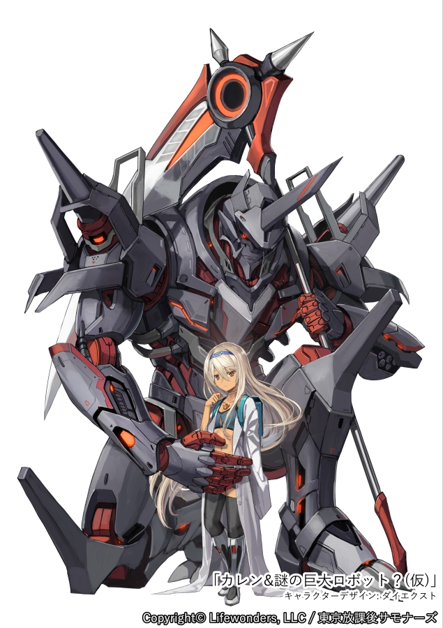 1boy, 1girl, backpack, bag, blonde_hair, boots, brown_eyes, commentary_request, curren_(housamo), dai-xt, hairband, holding, holding_weapon, lab_coat, long_hair, looking_at_viewer, mecha, official_art, oversized_clothes, randoseru, robot, school_bag, scythe, tank_top, thighhighs, tokyo_houkago_summoners, weapon, white_background