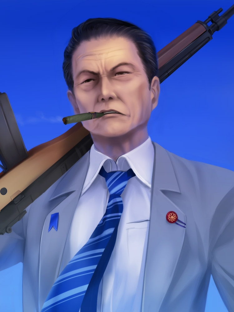 1boy, asou_tarou, bad_id, bad_pixiv_id, battle_rifle, blouse, blue_background, blue_necktie, cigar, formal_clothes, gun, m14, male_focus, manly, mudazumo_naki_kaikaku, mutsuki_(moonknives), necktie, politician, real_life, realistic, rifle, shirt, solo, striped_clothes, striped_necktie, suit, takeshobo, weapon, white_shirt