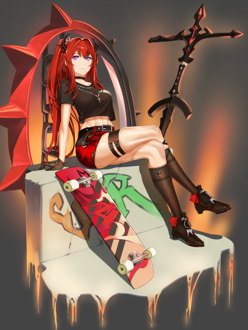 1girl, absurdres, arknights, arm_support, belt, black_belt, black_choker, black_footwear