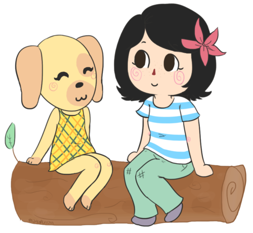 animal_crossing, black_hair, closed_eyes, dog, goldie_(animal_crossing), lowres, mayorcricket, nintendo, sitting_on_log, transparent_background, villager_(animal_crossing)