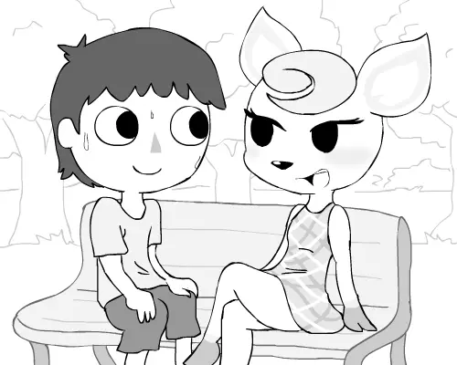 1boy, 1girl, alfa995, animal_crossing, animal_ears, animated, animated_png, bench, crossed_legs, deer, deer_ears, deer_girl, deer_tail, diana_(animal_crossing), legs, looking_at_another, lowres, monochrome, nervous, nervous_sweating, nintendo, on_bench, sitting, sweat, tail, talking, tree, villager_(animal_crossing)