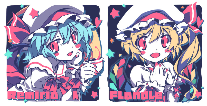 2girls, :d, asymmetrical_hair, bat_wings, blonde_hair, blue_hair, blush_stickers, bow, bowtie, character_name, collared_shirt, commentary, crystal, cup, fingernails, flandre_scarlet, frilled_shirt_collar, frills, hair_between_eyes, hand_on_own_cheek, hand_on_own_face, hat, hat_ribbon, head_rest, heart, highres, holding, holding_cup, looking_at_viewer, lumine_(2339), medium_hair, mob_cap, multiple_girls, nail_polish, one_side_up, open_mouth, own_hands_together, red_bow, red_bowtie, red_eyes, red_nails, red_ribbon, red_vest, remilia_scarlet, ribbon, shirt, short_hair, siblings, sisters, smile, star_(symbol), teacup, touhou, upper_body, vest, white_headwear, white_shirt, wings, wrist_cuffs