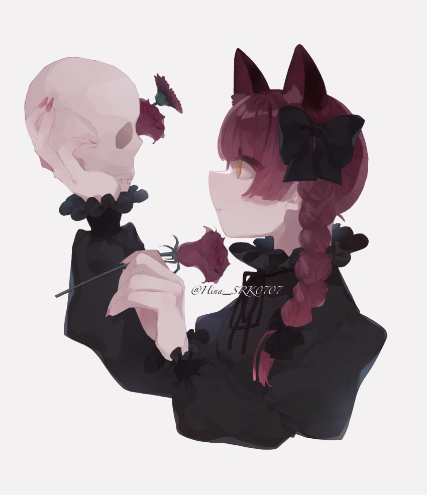 1girl, animal_ear_fluff, animal_ears, arm_up, black_bow, blunt_bangs, bow, braid