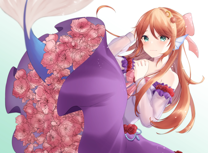 1girl, bare_shoulders, blush, bow, closed_mouth, commission, dress, eyes_visible_through_hair