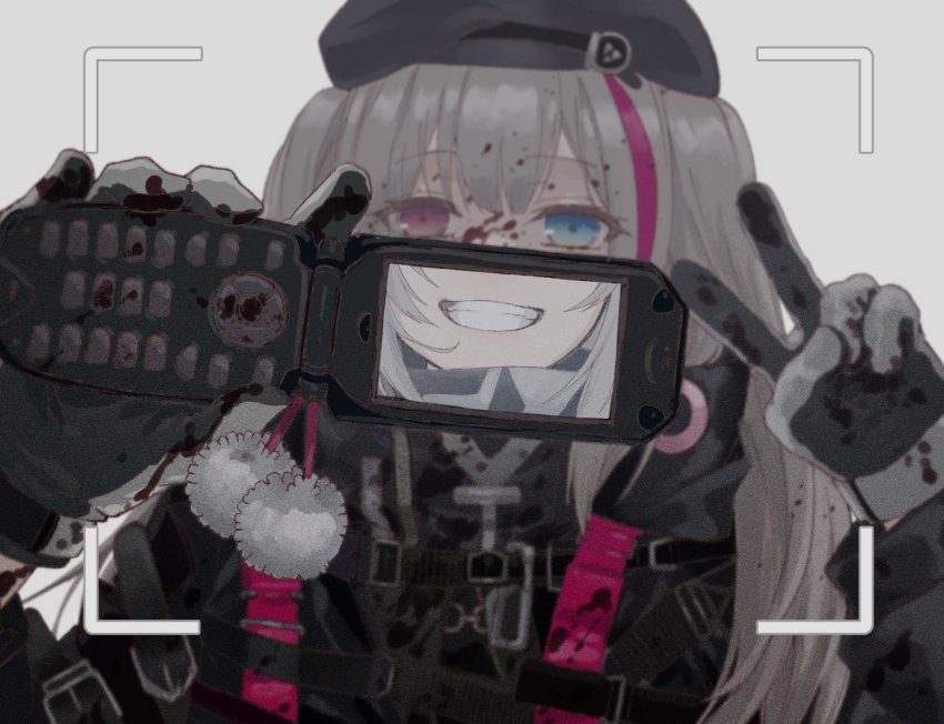 1girl, beret, black_headwear, black_jacket, blood, blood_on_clothes, blood_on_face, blue_eyes, cellphone, different_viewfinder, girls'_frontline, gloves, grey_background, hat, heterochromia, holding, holding_phone, jacket, mdr_(girls'_frontline), multicolored_hair, phone, pink_hair, rabb_horn, silver_hair, smile, streaked_hair, upper_body, viewfinder