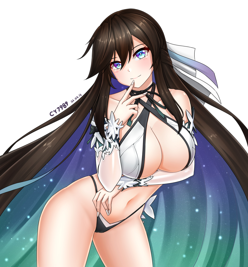 1girl, absurdres, adapted_costume, arm_under_breasts, artist_name, bikini, blue_eyes, breasts