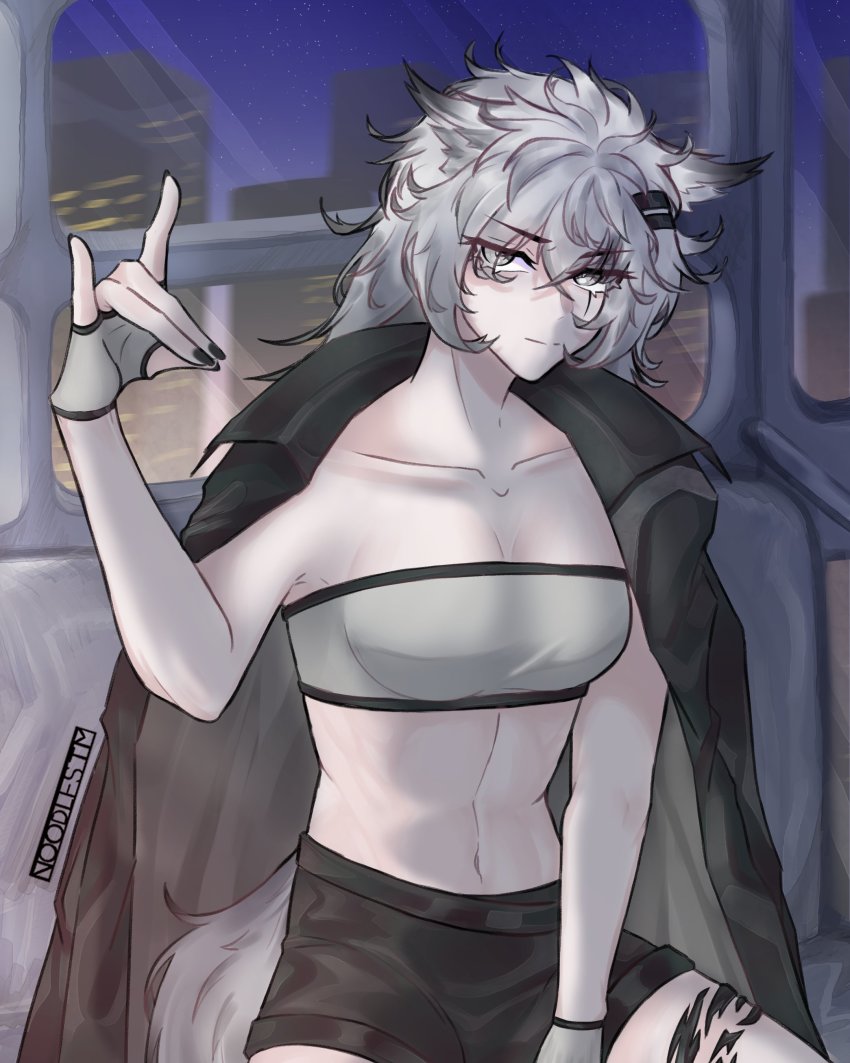1girl, absurdres, animal_ears, arknights, bandeau, black_jacket, black_nails, black_shorts, breasts, cleavage, collarbone, commentary, english_commentary, fingerless_gloves, gloves, grey_eyes, grey_gloves, hair_ornament, hairclip, hand_up, highres, indoors, jacket, jacket_on_shoulders, lappland_(arknights), long_hair, looking_at_viewer, material_growth, medium_breasts, midriff, nail_polish, navel, noodlestm, oripathy_lesion_(arknights), scar, scar_across_eye, scar_on_face, short_shorts, shorts, silver_hair, solo, stomach, strapless, tail, tube_top, wolf_ears, wolf_tail