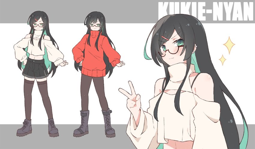 artist_name, black_footwear, black_hair, black_legwear, black_shorts, boots, breasts, character_name