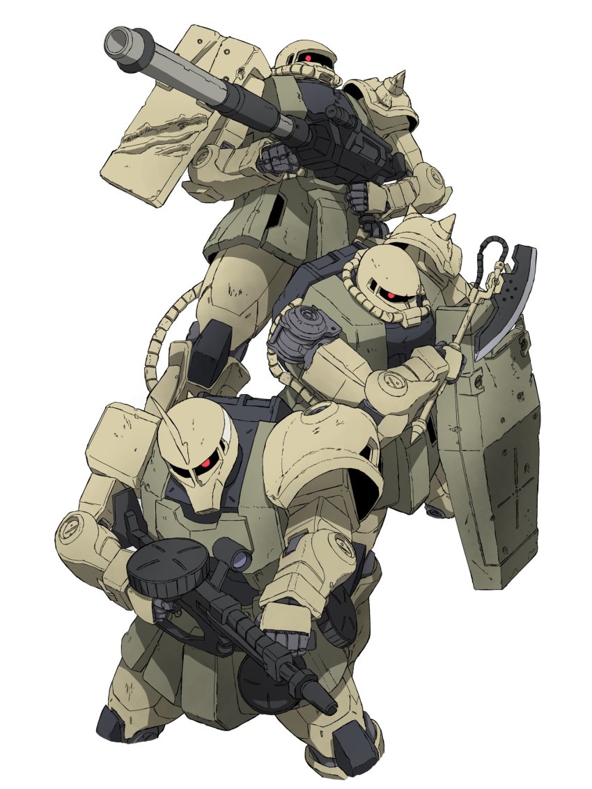 axe, commentary, damaged, gun, gundam, gundam_08th_ms_team, highres, hizumi_ms