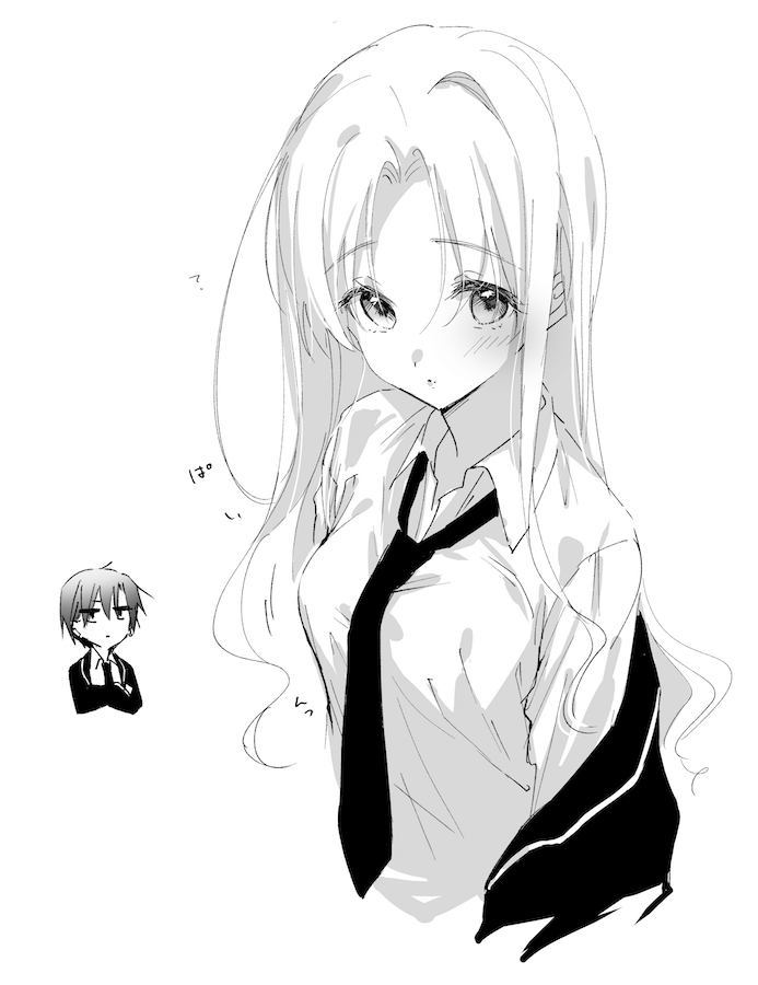 1boy, 1girl, blazer, blush, breasts, chibi, chibi_inset, closed_mouth