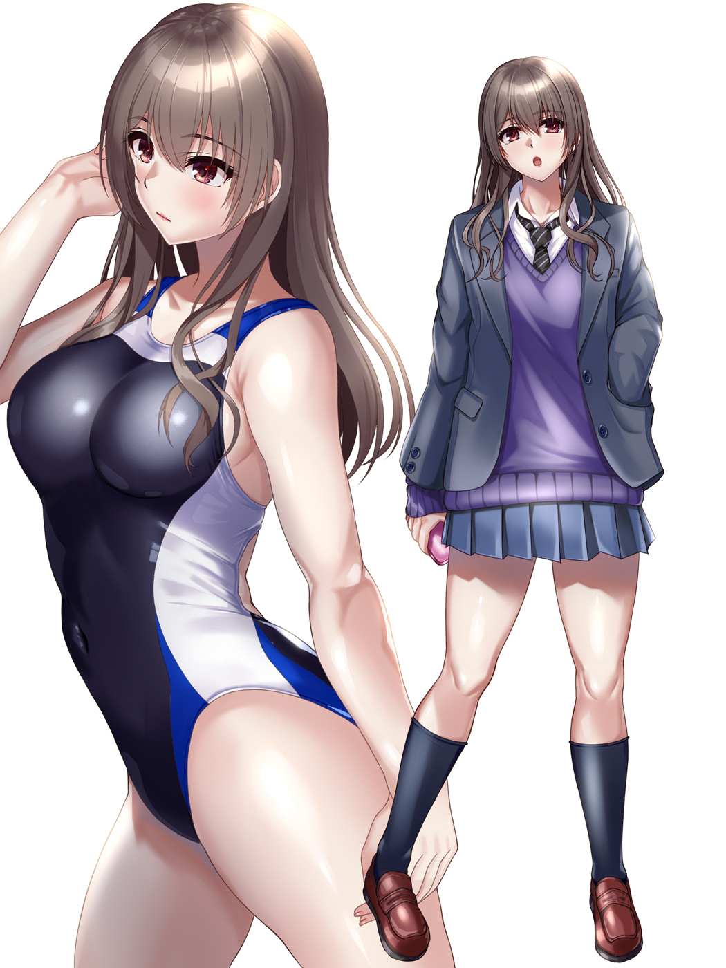 1girl, black_necktie, black_one-piece_swimsuit, black_socks, blazer, breasts, brown_eyes, brown_hair, commentary_request, competition_swimsuit, cowboy_shot, full_body, grey_jacket, grey_skirt, hand_in_pocket, highres, jacket, kneehighs, kozu_rokuta, loafers, long_hair, looking_at_viewer, medium_breasts, multicolored_swimsuit, multiple_views, necktie, one-piece_swimsuit, original, pleated_skirt, purple_vest, school_uniform, shoes, simple_background, skirt, socks, standing, striped_clothes, striped_necktie, sweater_vest, swimsuit, vest, white_background