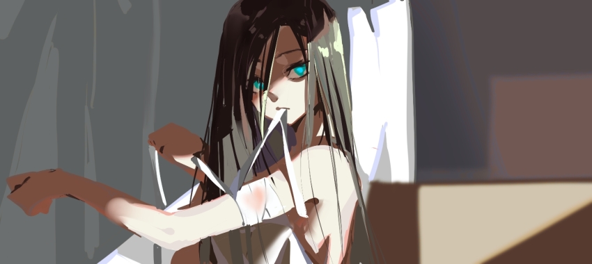 1girl, absurdly_long_hair, aqua_eyes, bad_id, bad_pixiv_id, bandaged_arm, bandages, bare_arms, bare_shoulders, black_hair, blue_eyes, closed_mouth, eyebrows, gauze, jizhuileikunchong_(71902877), long_hair, looking_at_viewer, messy_hair, original, solo, upper_body, very_long_hair