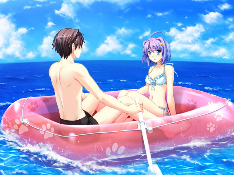 1boy, 1girl, ahoge, alpha_(yukai_na_nakamatachi), bikini, blue_eyes, blue_sky, blush