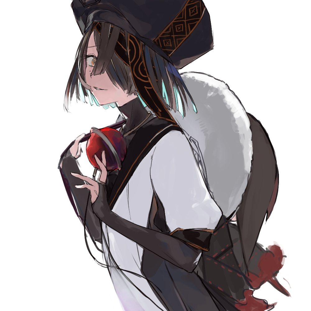 1girl, black_hair, black_hat, breasts, bridal_gauntlets, brown_eyes, character_doll, chinese_clothes