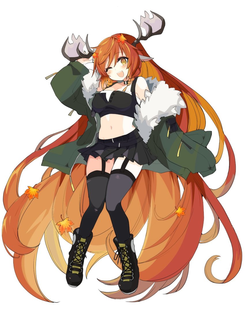 1girl, absurdly_long_hair, animal_ears, antlers, axia_(03400441), black_shirt, black_skirt, blush