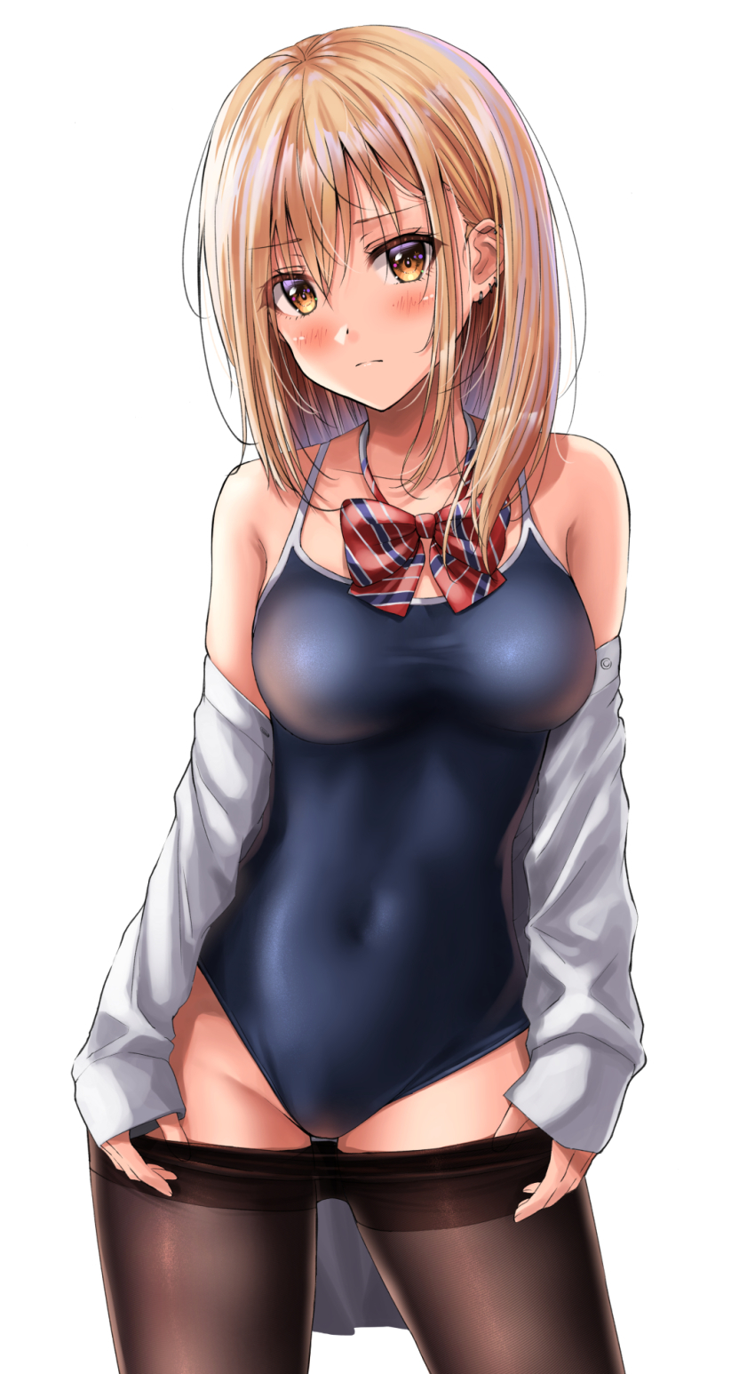 1girl, bare_shoulders, blonde_hair, blue_one-piece_swimsuit, blush, bow, bowtie, breasts