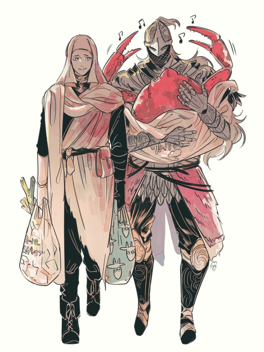 2boys, armor, bag, bloody_wolf_(elden_ring), closed_mouth, crab, elden_ring, full_armor, grocery_bag, highres, hiyashiraaaamen, holding, mask, multiple_boys, musical_note, shopping_bag, simple_background, smile, tabard, tarnished_(elden_ring), veil, walking, white-faced_varre, white_background