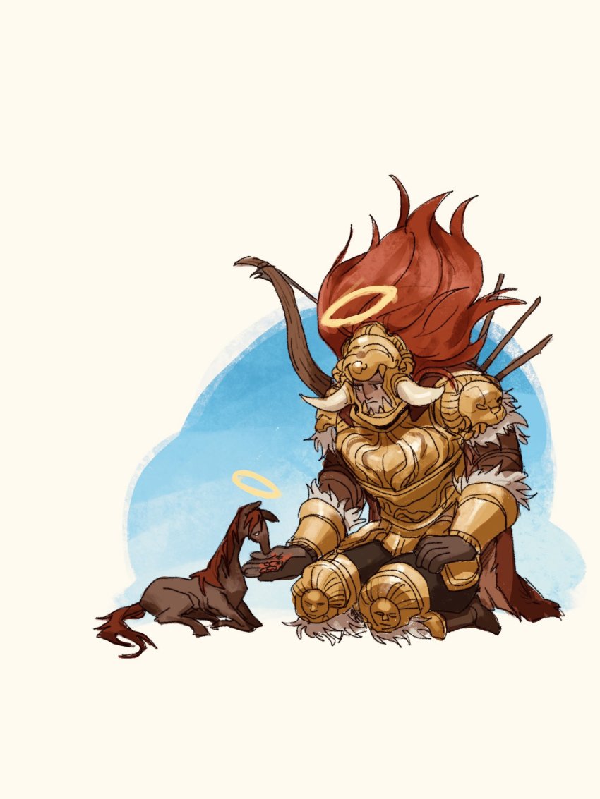 1boy, armor, breastplate, brown_gloves, closed_mouth, elden_ring, emaciated, fake_horns