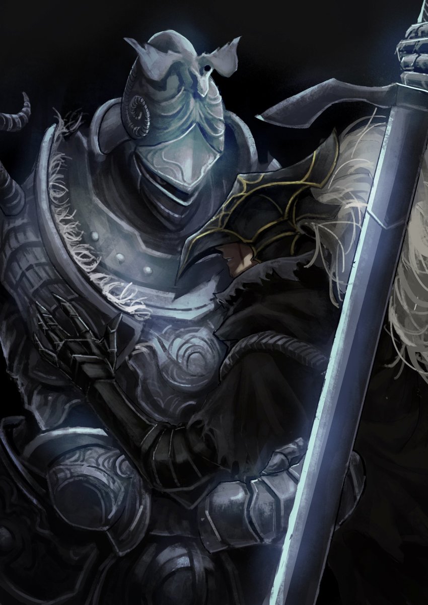 2boys, armor, banished_knight_oleg, black_background, breastplate, elden_ring, full_armor, gauntlets, highres, holding, holding_sword, holding_weapon, hug, knight, multiple_boys, smile, sword, tarnished_(elden_ring), tworain_w, weapon