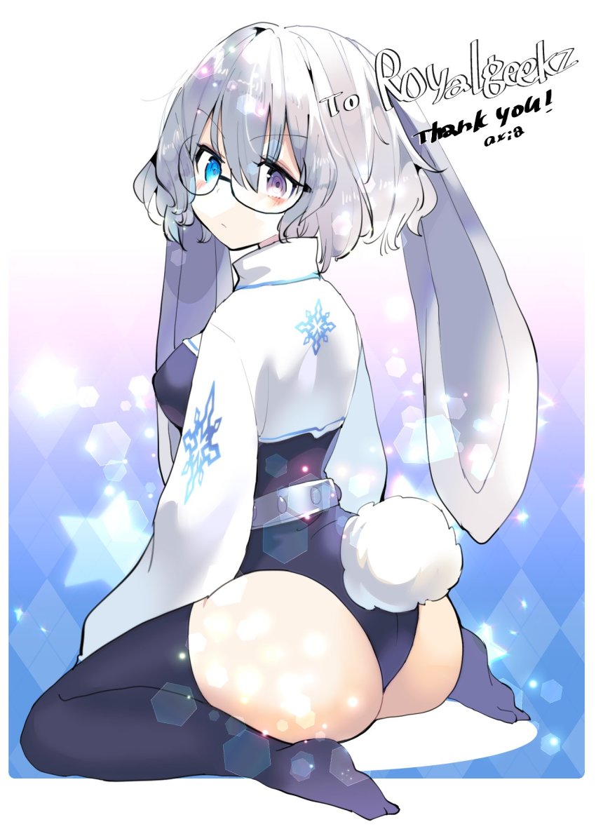 1girl, animal_ears, ass, axia_(03400441), blue_eyes, breasts, commission, glasses, heterochromia, highres, indie_virtual_youtuber, leotard, looking_at_viewer, looking_back, purple_eyes, rabbit_ears, rabbit_girl, rabbit_tail, skeb_commission, tail, thick_thighs, thighhighs, thighs, usagi_mizuno, virtual_youtuber, white_hair