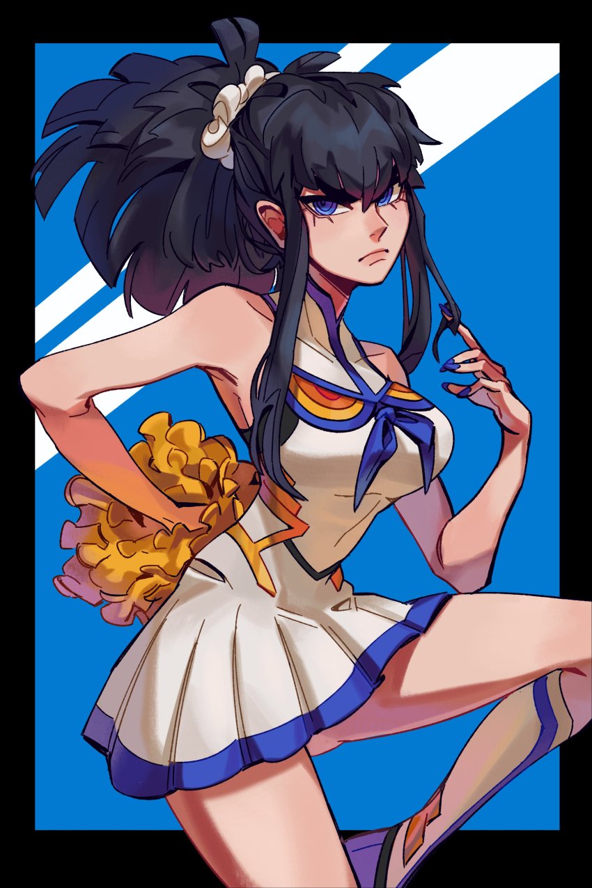 1girl, absurdres, alternate_costume, bare_shoulders, black_border, black_hair, blue_background, blue_eyes, blue_nails, border, breasts, cheerleader, collarbone, guggy_(guirgaleo), hair_ornament, hand_up, highres, junketsu, kill_la_kill, kiryuuin_satsuki, knee_up, large_breasts, long_hair, looking_at_viewer, nail_polish, pom_pom_(cheerleading), ponytail, solo, standing, standing_on_one_leg, thick_eyebrows, white_background