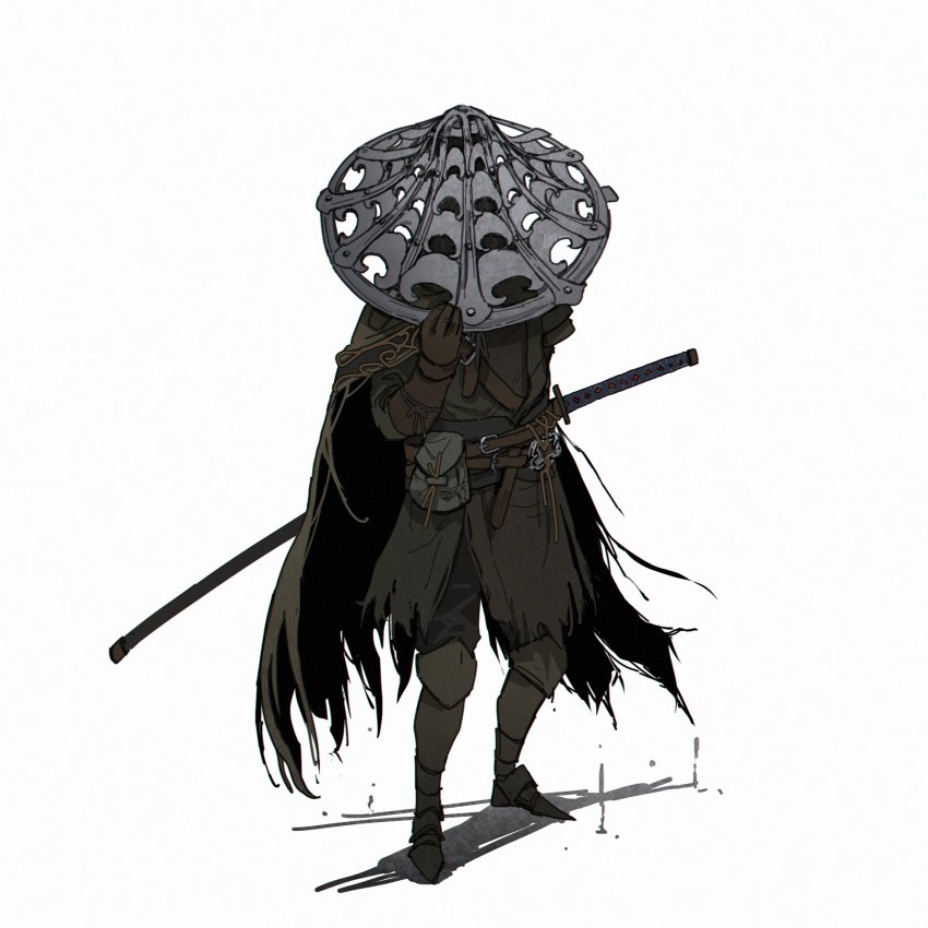 1boy, belt, black_cape, bloody_finger_hunter_yura, brown_gloves, cape, covered_face, elden_ring, eureka1812, facing_viewer, gloves, hat, highres, jingasa, katana, male_focus, armored_boots, pouch, robe, samurai, simple_background, solo, sword, weapon, white_background