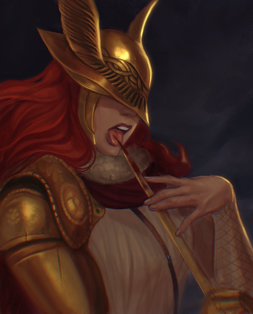 1girl, elden_ring, facing_viewer, helmet, highres, licking, licking_blade, licking_blood, licking_weapon, long_hair, malenia_blade_of_miquella, mechanical_arms, prosthesis, prosthetic_arm, red_hair, single_mechanical_arm, sleepysolaire, solo, tongue, tongue_out, weapon, winged_helmet