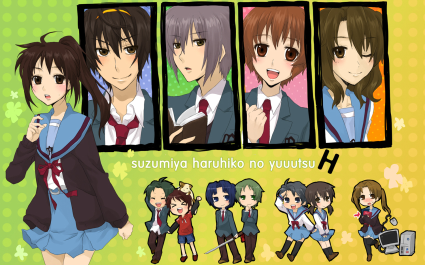 >_<, 5girls, 6+boys, asahina_mitsuru, asakura_ryo, brown_eyes, brown_hair, calico_(pattern)