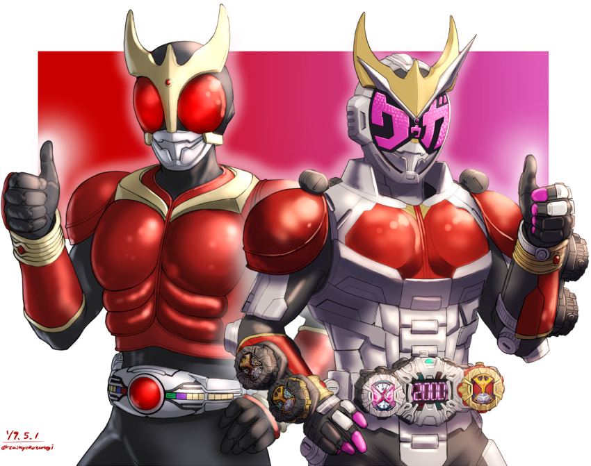 2000, 2boys, adapted_costume, arcle_(kuuga), armor, clock_hands, gauntlets, gold_horns