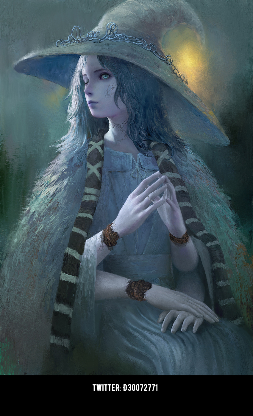 1girl, blue_eyes, blue_hair, cloak, crack, elden_ring, extra_arms, fingers_together