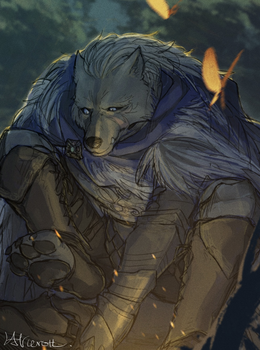 1boy, armor, black_sclera, blaidd_the_half-wolf, blue_eyes, bug, butterfly, cape