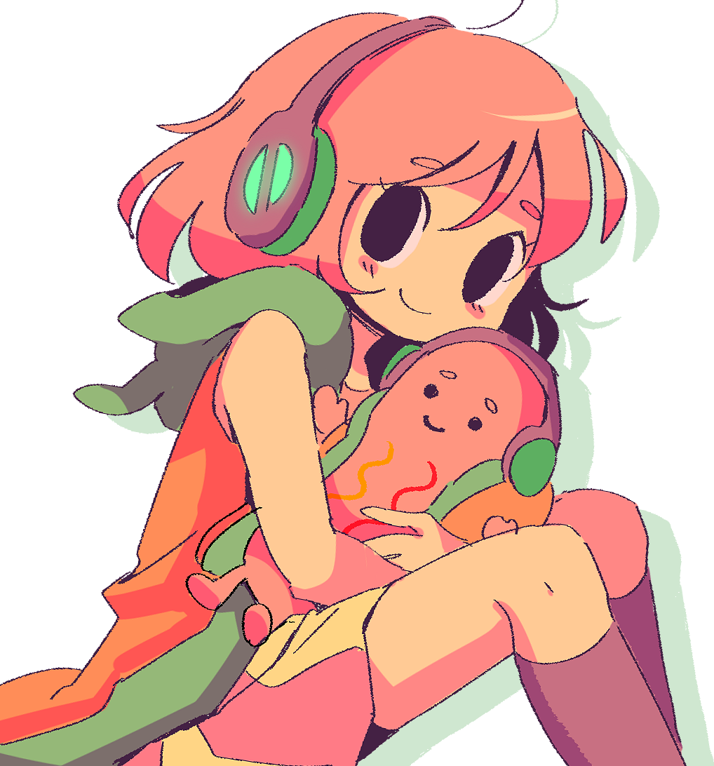 1girl, ahoge, black_eyes, blush, blush_stickers, closed_mouth, commentary, dancing_hot_dog_(snapchat), dual_persona, english_commentary, headphones, headset, holding, hood, hood_down, hooded_vest, hoodie, hug, humanization, jaggy_lines, kneehighs, looking_at_viewer, lyn_mametchi, medium_hair, miniskirt, oekaki, orange_vest, pink_socks, pleated_skirt, short_eyebrows, simple_background, sitting, skirt, sleeveless, smile, snapchat, socks, solo, thick_eyebrows, vest, white_background