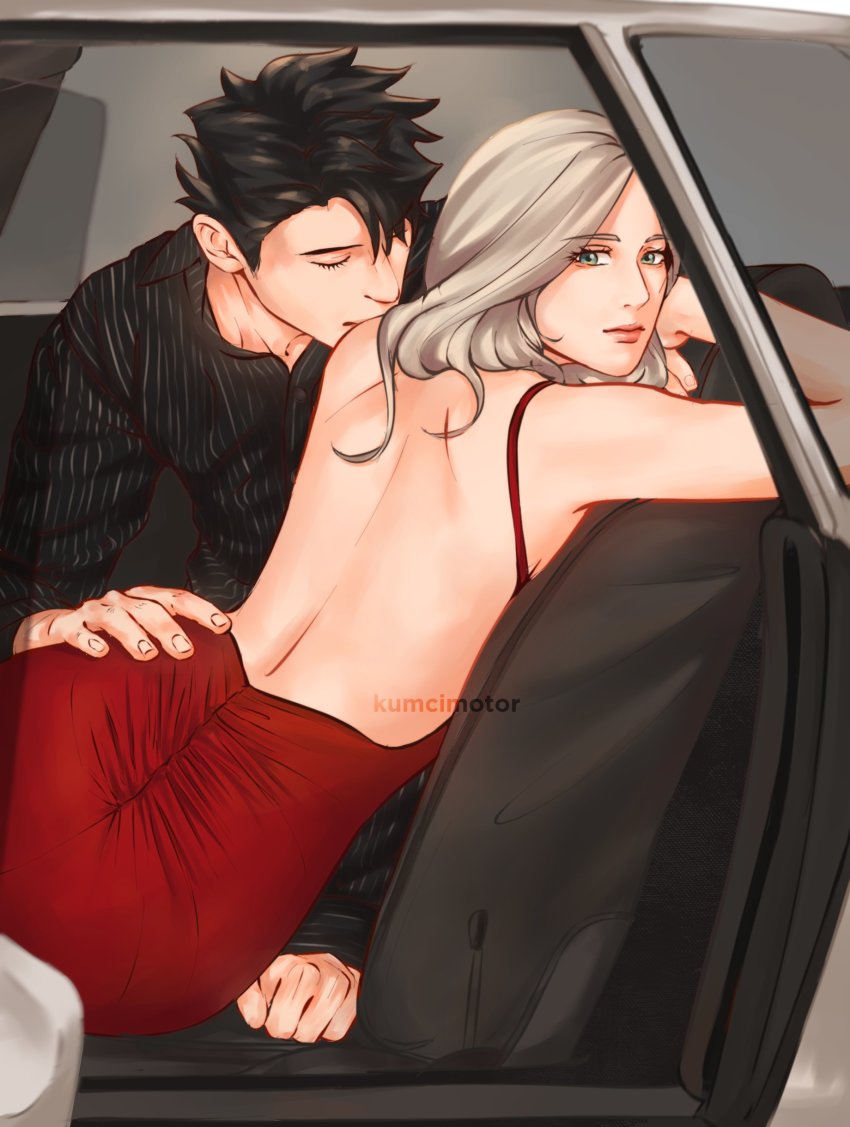 1boy, 1girl, absurdres, backless_dress, backless_outfit, black_hair, blonde_hair, closed_eyes, dress, dress_shirt, green_eyes, haiba_arisa, haikyuu!!, hetero, highres, kissing_shoulder, kumcimotor, kuroo_tetsurou, long_hair, looking_at_viewer, red_dress, shirt, vehicle_interior
