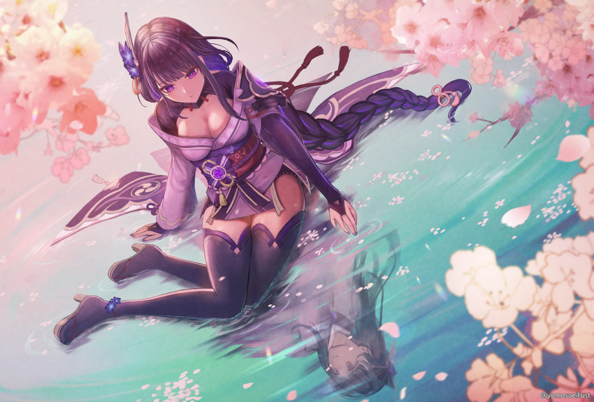 2girls, armor, braid, branch, breasts, cherry_blossoms, cherry_tree, cleavage