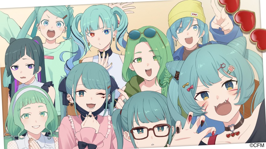 +_+, 6+girls, :3, :d, absurdres, animal_(vocaloid), aqua_eyes, aqua_hair