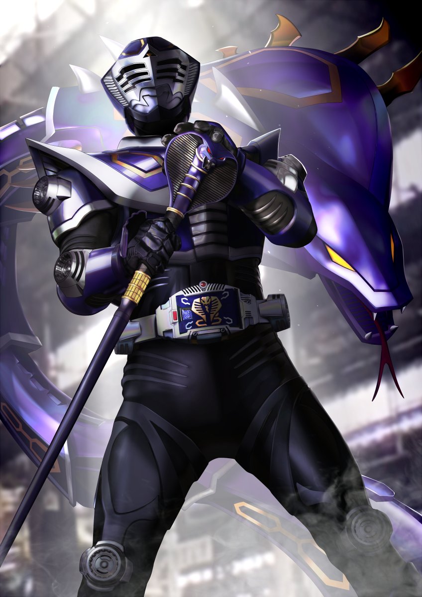 1boy, armor, belt, bodysuit, cane, cobra_(animal), contract_monster, heisei, highres, indoors, kamen_rider, kamen_rider_ouja, kamen_rider_ryuki_(series), male_focus, masukudo_(hamamoto_hikaru), ongekikanabou_retto, purple_armor, red_eyes, snake, tokusatsu, tongue, v_buckle, venosnaker, visor