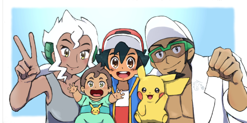 1girl, 3boys, ash_ketchum, baby, baseball_cap, blue_background, blue_vest, blush