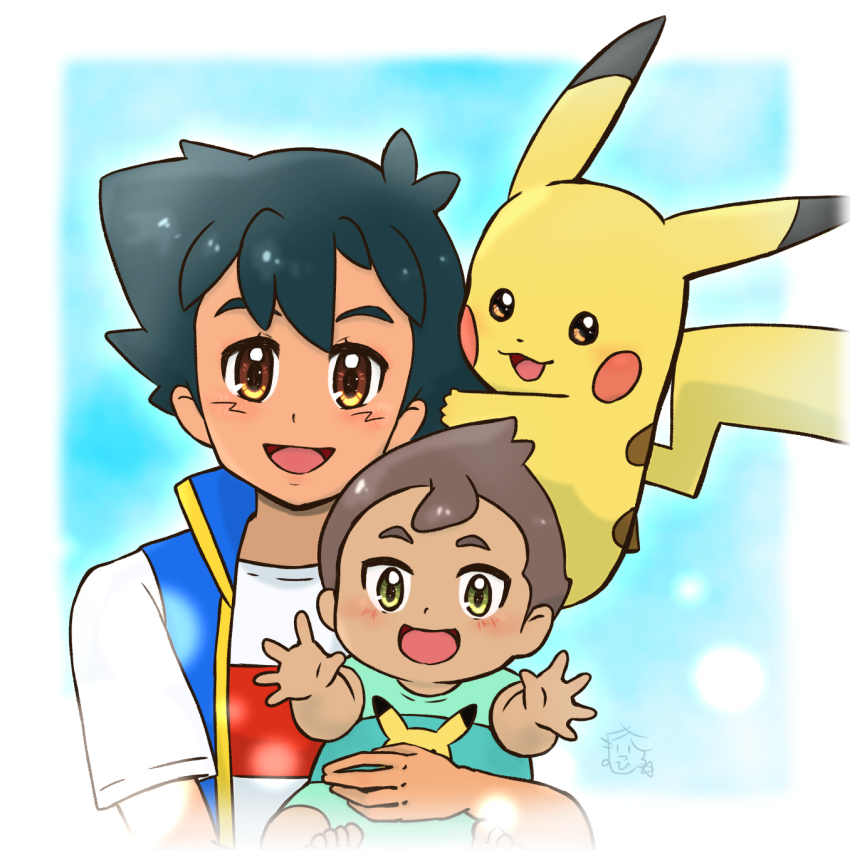 2boys, ash_ketchum, baby, black_hair, blue_background, blue_vest, brown_eyes, brown_hair