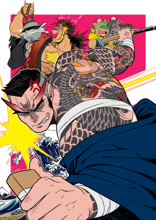 absol_(dkqthf), alcohol, angry, another_eidos-r, arm_tattoo, back_tattoo, bandages, bara, bare_pectorals, beard, black_hair, blade, blonde_hair, brown_hair, chest_hair, closed_eyes, cuts, demon_boy, facial_hair, fu_(another_eidos), furry, furry_male, headband, horns, injury, jacket, japanese_clothes, jar, jinnosuke_(another_eidos), kimono, long_hair, long_sideburns, mature_male, multiple_boys, muscular, muscular_arms, muscular_male, pectorals, ponytail, rai_(another_eidos), rasho_(another_eidos), rope, sake, scabbard, scared, sheath, sideburns, stubble, surprised, tattoo, tears, thick_eyebrows, tusks, veins, water, waves, yukata