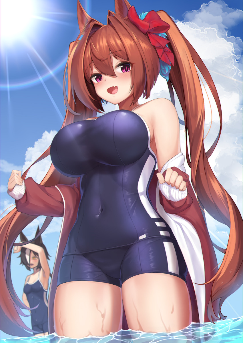 2girls, :d, animal_ears, antenna_hair, arm_up, black_hair, blue_one-piece_swimsuit, blue_sky, blurry, blurry_background, bow, breasts, brown_hair, caustics, clenched_hands, cloud, cloudy_sky, commentary_request, competition_school_swimsuit, covered_navel, cowboy_shot, daiwa_scarlet_(umamusume), day, depth_of_field, fang, from_below, fur_trim, hair_between_eyes, hair_bow, hair_intakes, hair_ornament, hair_over_one_eye, half-closed_eyes, hand_on_own_hip, highres, horse_ears, horse_girl, impossible_clothes, impossible_swimsuit, jacket, large_breasts, lens_flare, light_rays, long_hair, long_sleeves, looking_afar, looking_at_viewer, low_ponytail, medium_breasts, multicolored_hair, multiple_girls, ocean, one-piece_swimsuit, one_eye_covered, open_clothes, open_jacket, open_mouth, outdoors, pink_eyes, ponytail, rainbow, red_bow, red_jacket, school_swimsuit, shading_eyes, shiny_clothes, silhouette90, skin_fang, skin_tight, sky, sleeve_cuffs, sleeves_past_wrists, smile, solo_focus, standing, streaked_hair, sun, sunbeam, sunlight, swimsuit, swimsuit_under_clothes, thighs, track_jacket, twintails, umamusume, very_long_hair, vodka_(umamusume), wading, water, wavy_hair, wet, white_hair, yellow_eyes