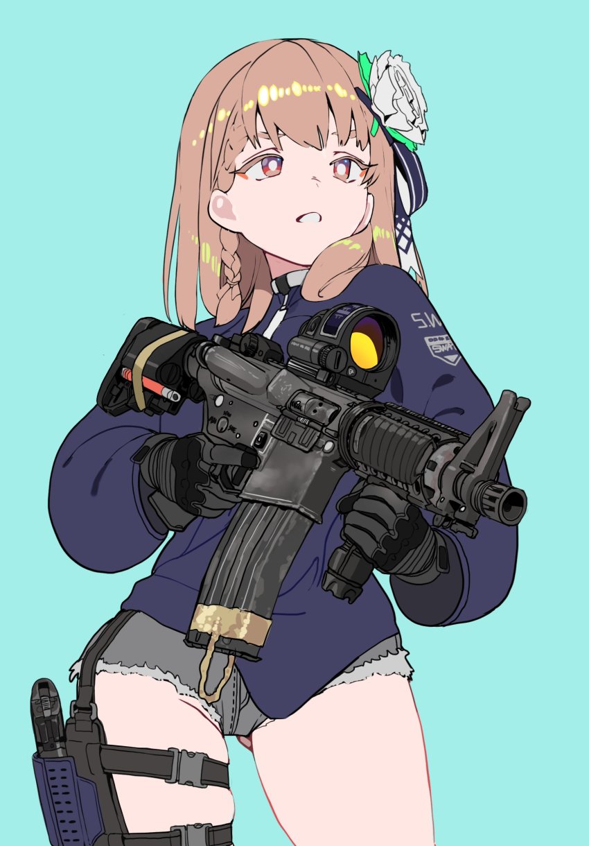 1girl, absurdres, aqua_background, black_gloves, blue_jacket, braid, brown_eyes, denim