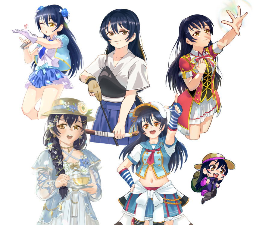 1girl, ;3, a_maiden_innocence_(love_live!), alternate_hairstyle, aqua_bow, aqua_dress, aqua_flower, aqua_jacket