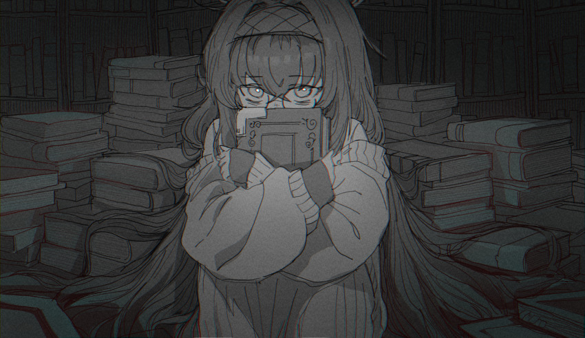 1girl, absurdres, bags_under_eyes, blue_archive, book, book_stack, crossed_bangs, glasses