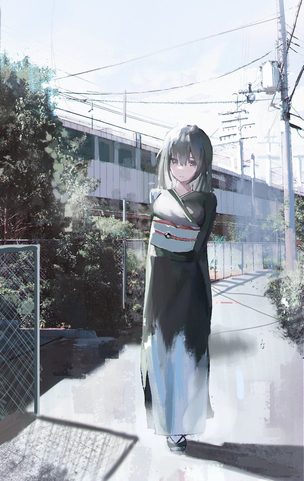 1girl, black_kimono, blue_sky, brown_eyes, building, closed_mouth, expressionless, fence
