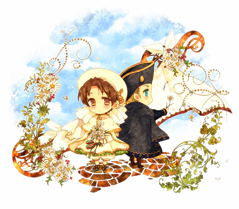 2boys, axis_powers_hetalia, bad_id, bad_pixiv_id, blonde_hair, blue_eyes, bouquet, brown_eyes