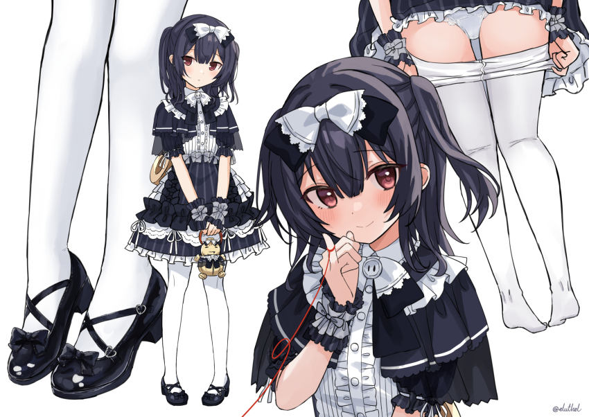 1girl, alternate_costume, black_capelet, blush, bow, capelet, clothes_pull, eluthel, finger_ribbon, frilled_cuffs, gothic_lolita, hair_bow, high_heels, highres, idolmaster, idolmaster_shiny_colors, lolita_fashion, looking_at_viewer, mary_janes, morino_rinze, multiple_views, panties, pantyhose, pantyhose_pull, pinky_out, shoes, simple_background, smile, strappy_heels, string, string_of_fate, underwear, white_background, white_panties, white_pantyhose