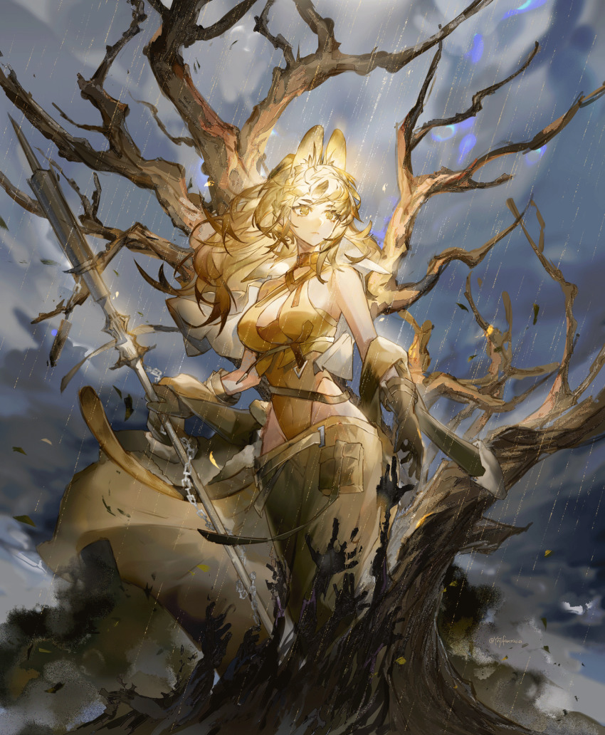 1girl, animal_ears, arknights, bare_legs, bare_shoulders, bare_tree, black_gloves, blonde_hair